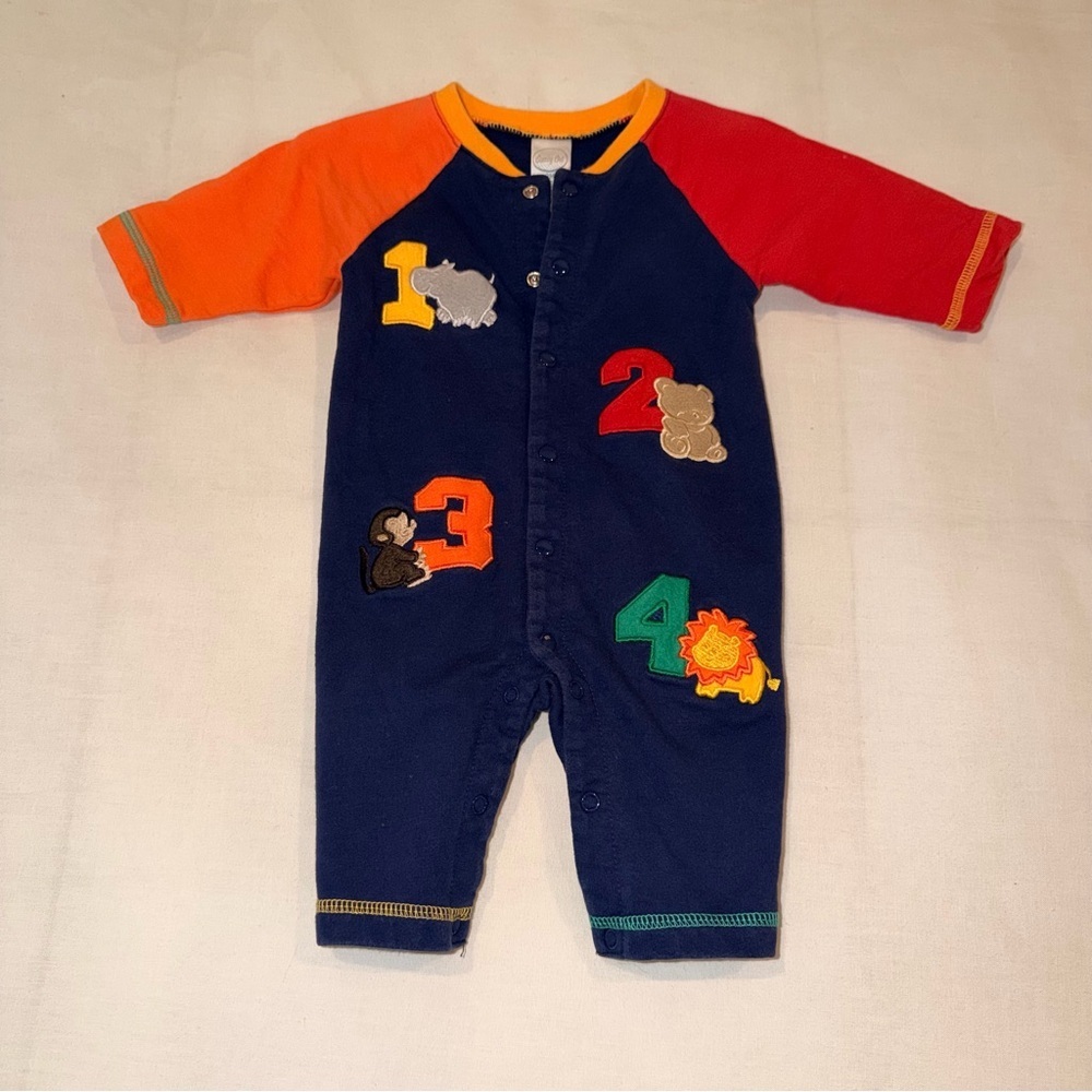 Vintage Baby Boy Numbers Animal Romper 3M Learning Colorful Footless Onesie